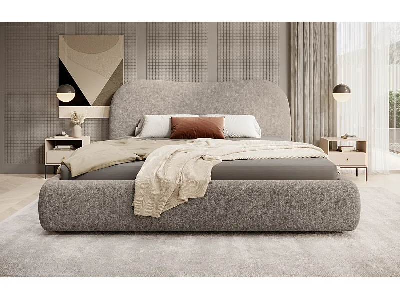 Lit coffre avec tête de lit - 180x200 cm - en bouclette beige foncé - SIMSALO