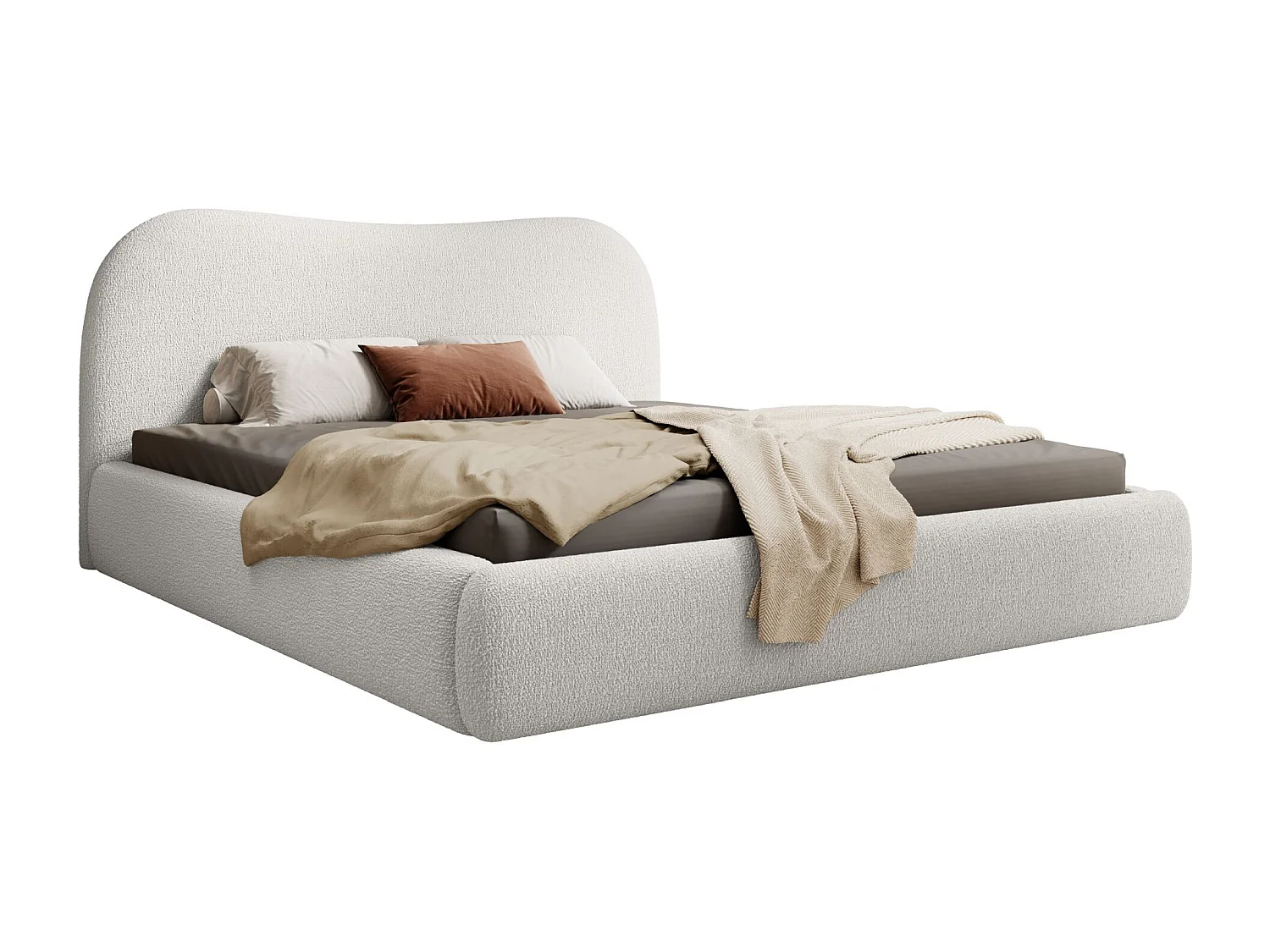 Lit coffre avec tête de lit - 160x200 cm - en bouclette crème - SIMSALO