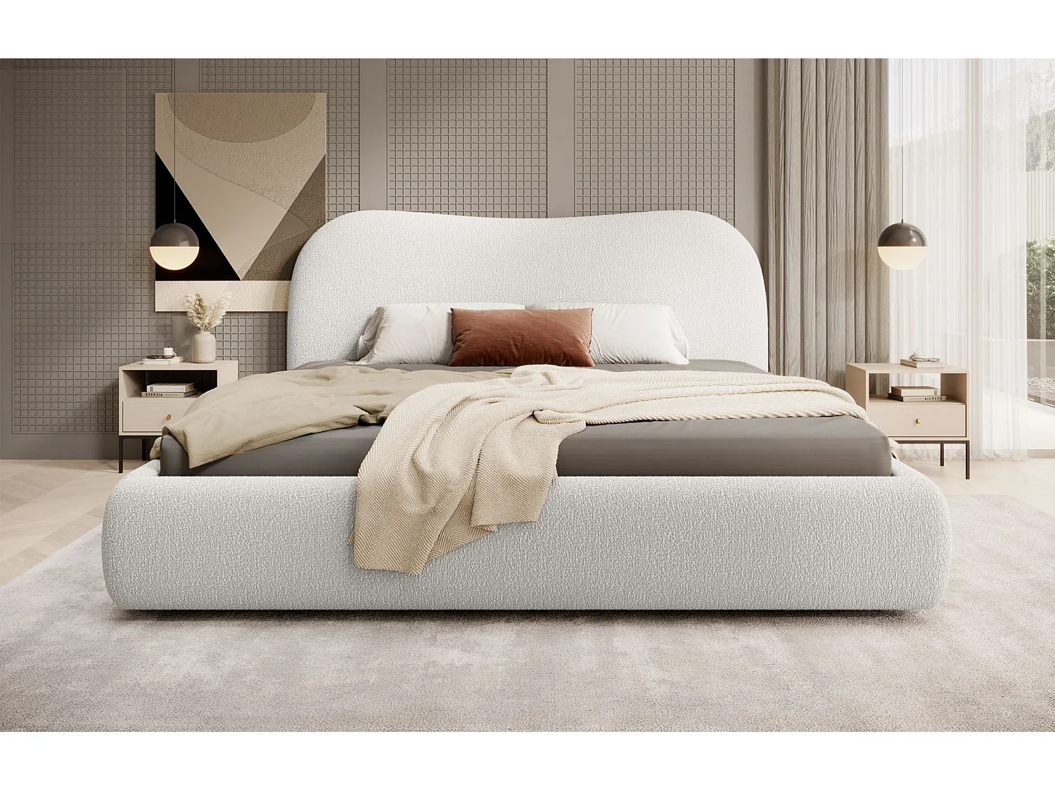 Opbergbed met hoofdeinde - 160x200 cm - in crèmekleurige badstof - SIMSALO