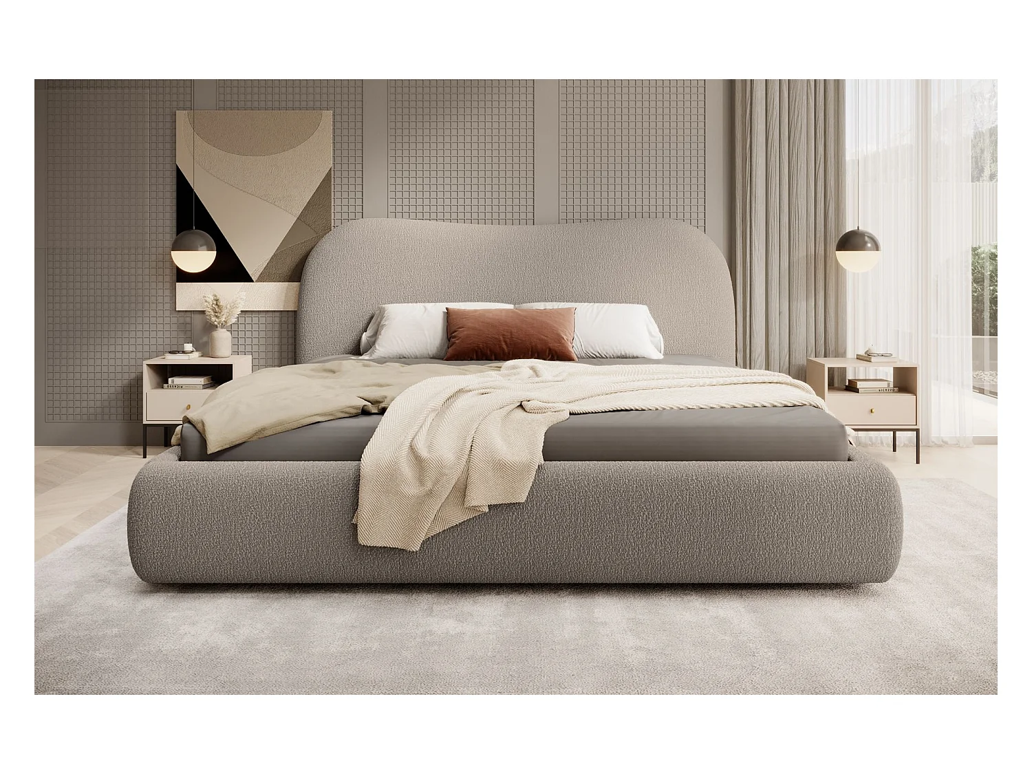 Lit coffre avec tête de lit - 140x200 cm - en bouclette beige foncé - SIMSALO