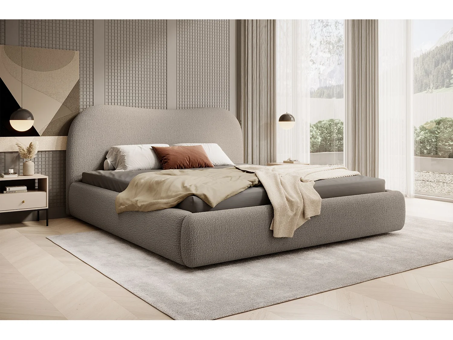 Polsterbett mit Bouclé-Bezug und Stauraum - Dunkelbeige - 140x200 cm - SIMSALO