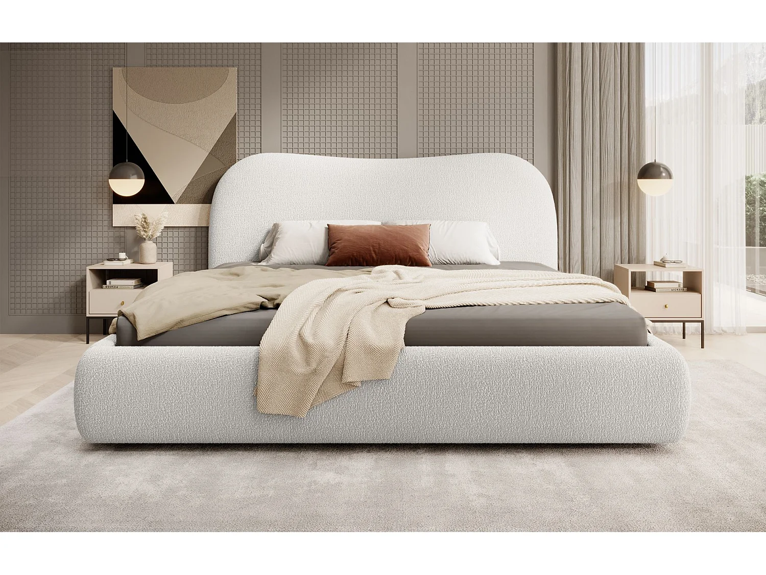 Lit coffre avec tête de lit - 180x200 cm - en bouclette crème - SIMSALO