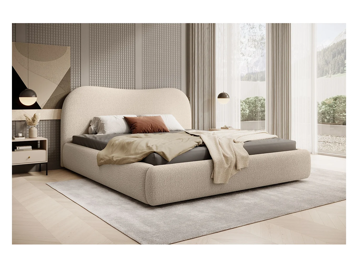 Lit coffre avec tête de lit - 180x200 cm - en bouclette beige - SIMSALO