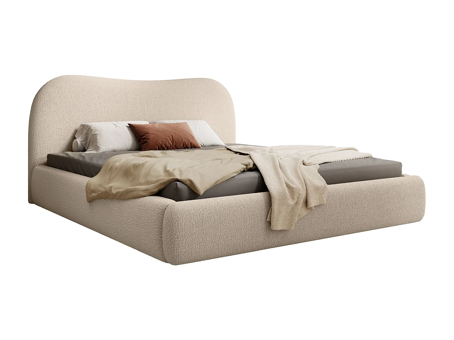 Lit coffre avec tête de lit - 180x200 cm - en bouclette beige - SIMSALO