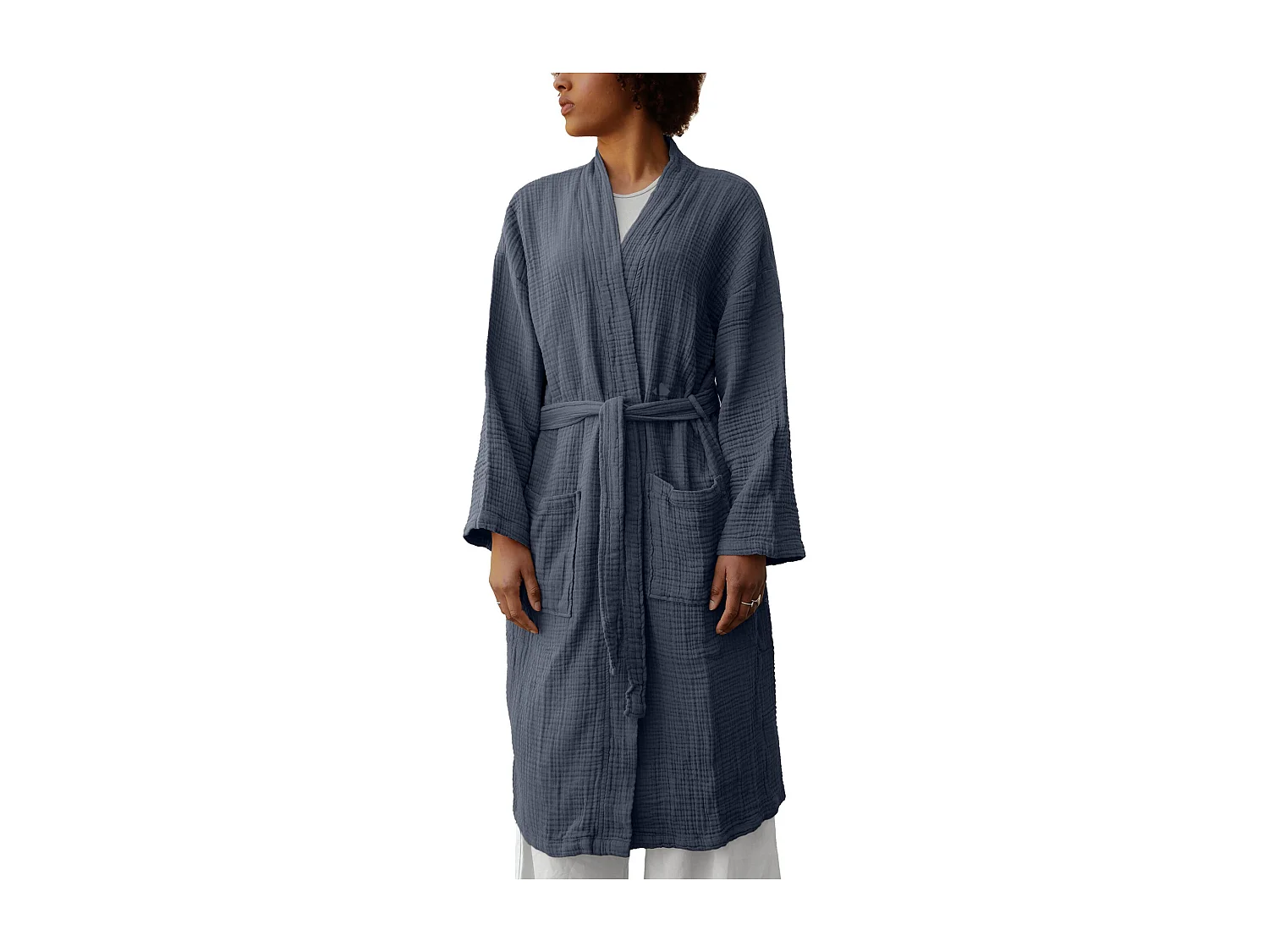 Peignoir col kimono KEA mousseline de coton taille L-XL bleu lauze