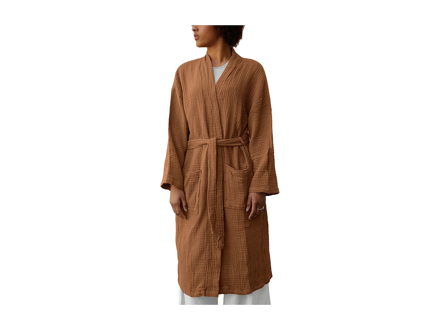 Peignoir col kimono KEA mousseline de coton taille L-XL marron cognac