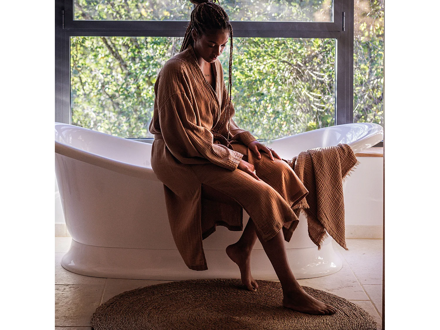 Peignoir col kimono KEA mousseline de coton taille L-XL vert kaki