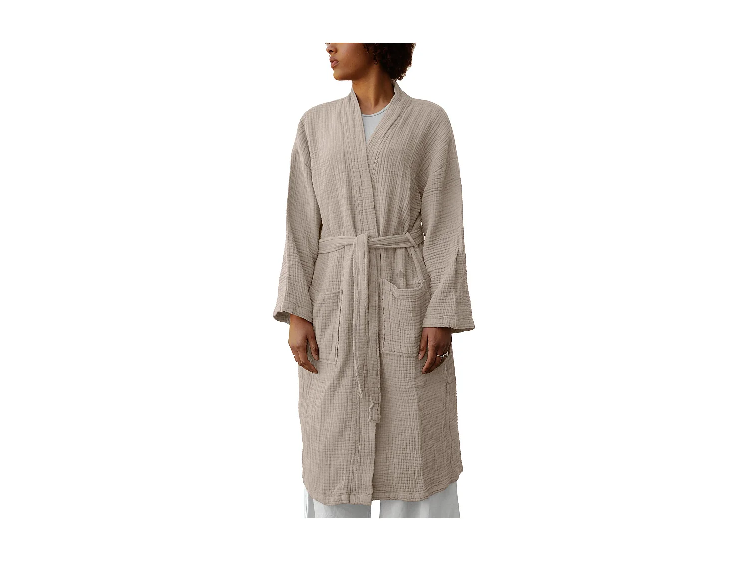 Peignoir col kimono KEA mousseline de coton taille L-XL beige ficelle