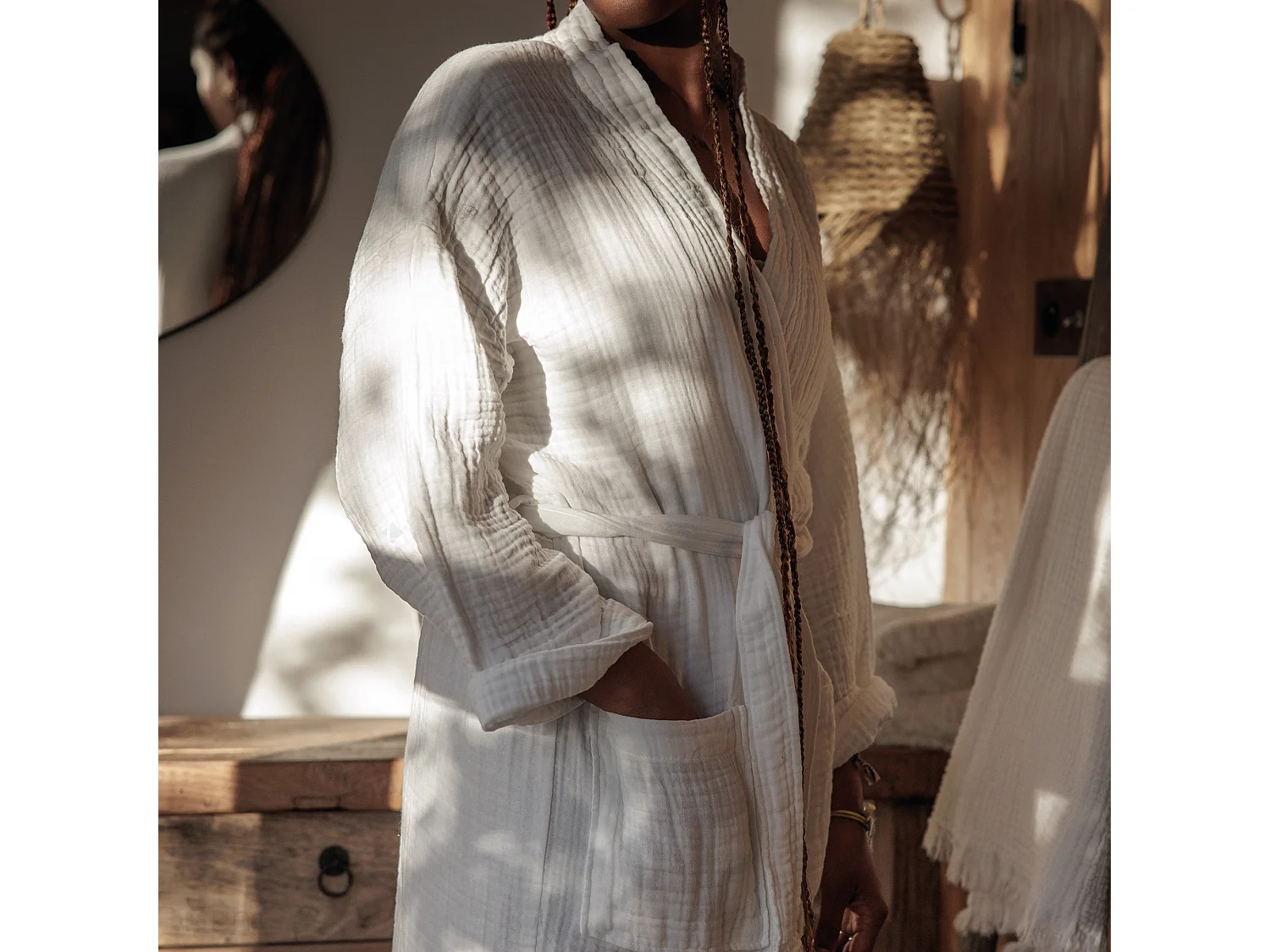 Peignoir col kimono KEA mousseline de coton taille S-M blanc neige