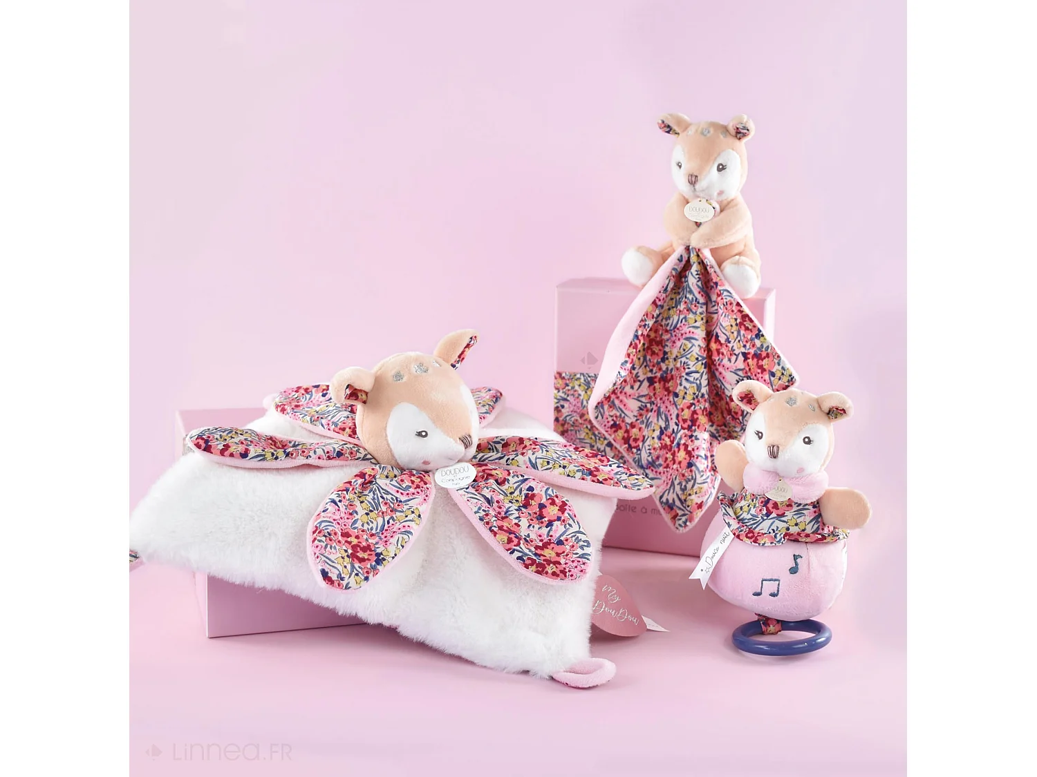 Doudou musique 14 cm polyester BOH'AIME faon rose multicolore