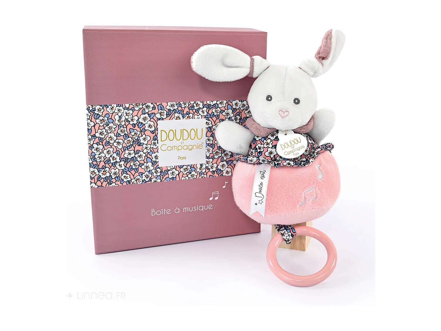 Doudou musique 14 cm polyester BOH'AIME lapin rose multicolore