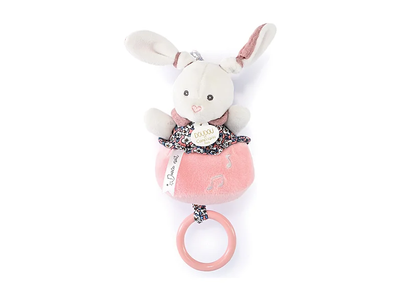 Doudou musique 14 cm polyester BOH'AIME lapin rose multicolore