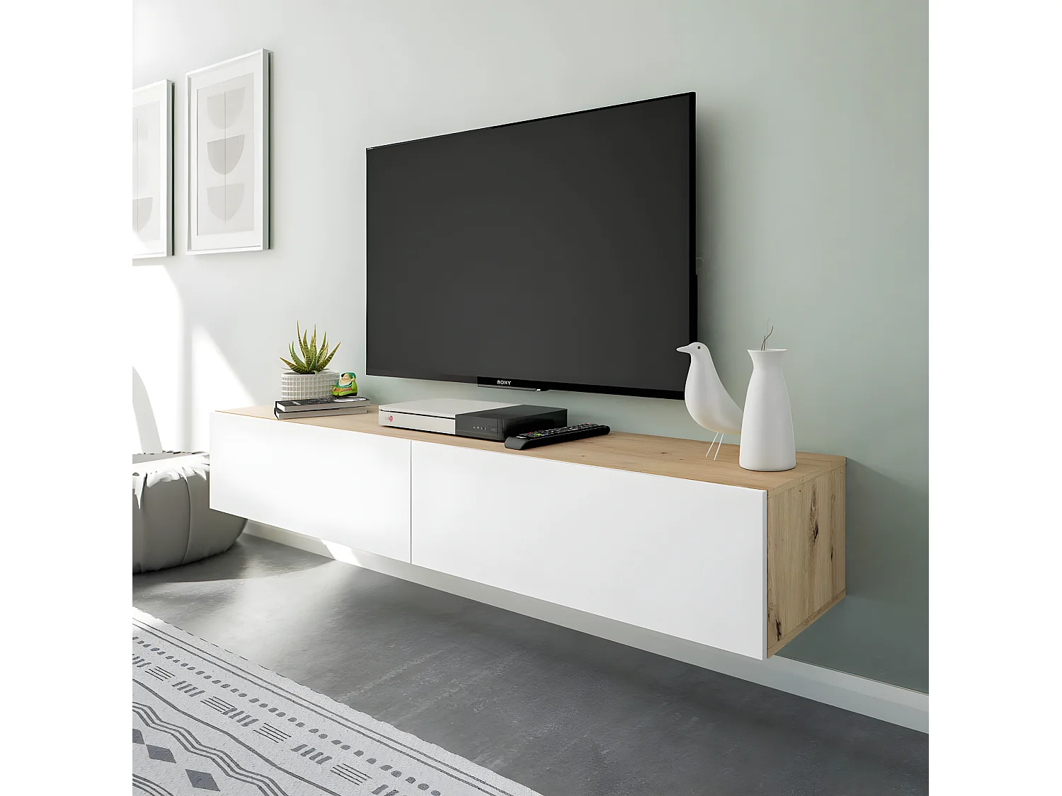 Meuble TV avec 2 portes couleur chêne nordique, blanc artic - Longueur  180 x Hauteur 28 x Profondeur 34,50 cm