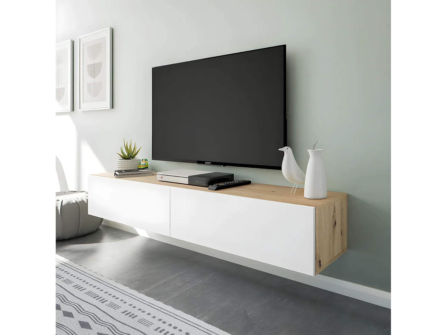 Meuble TV avec 2 portes couleur chêne nordique, blanc artic - Longueur  180 x Hauteur 28 x Profondeur 34,50 cm