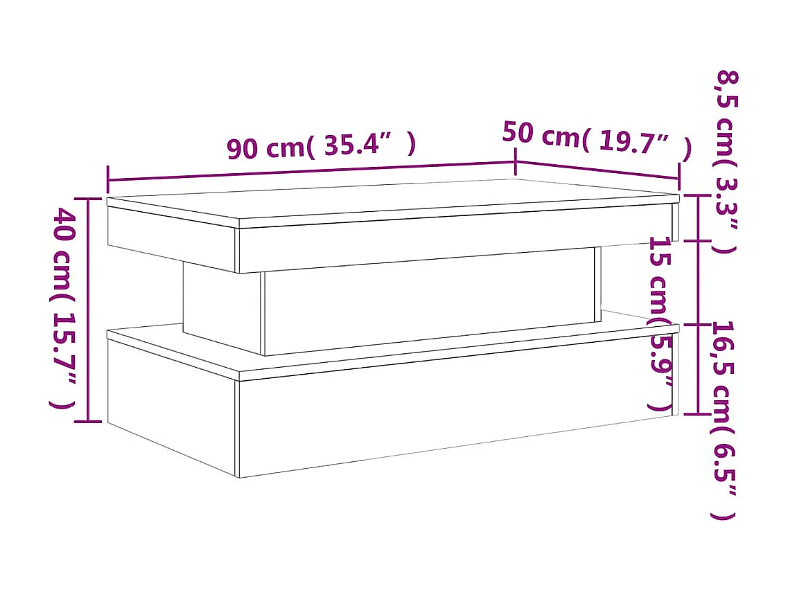 Table basse avec lumières LED chêne fumé 90x50x40 cm