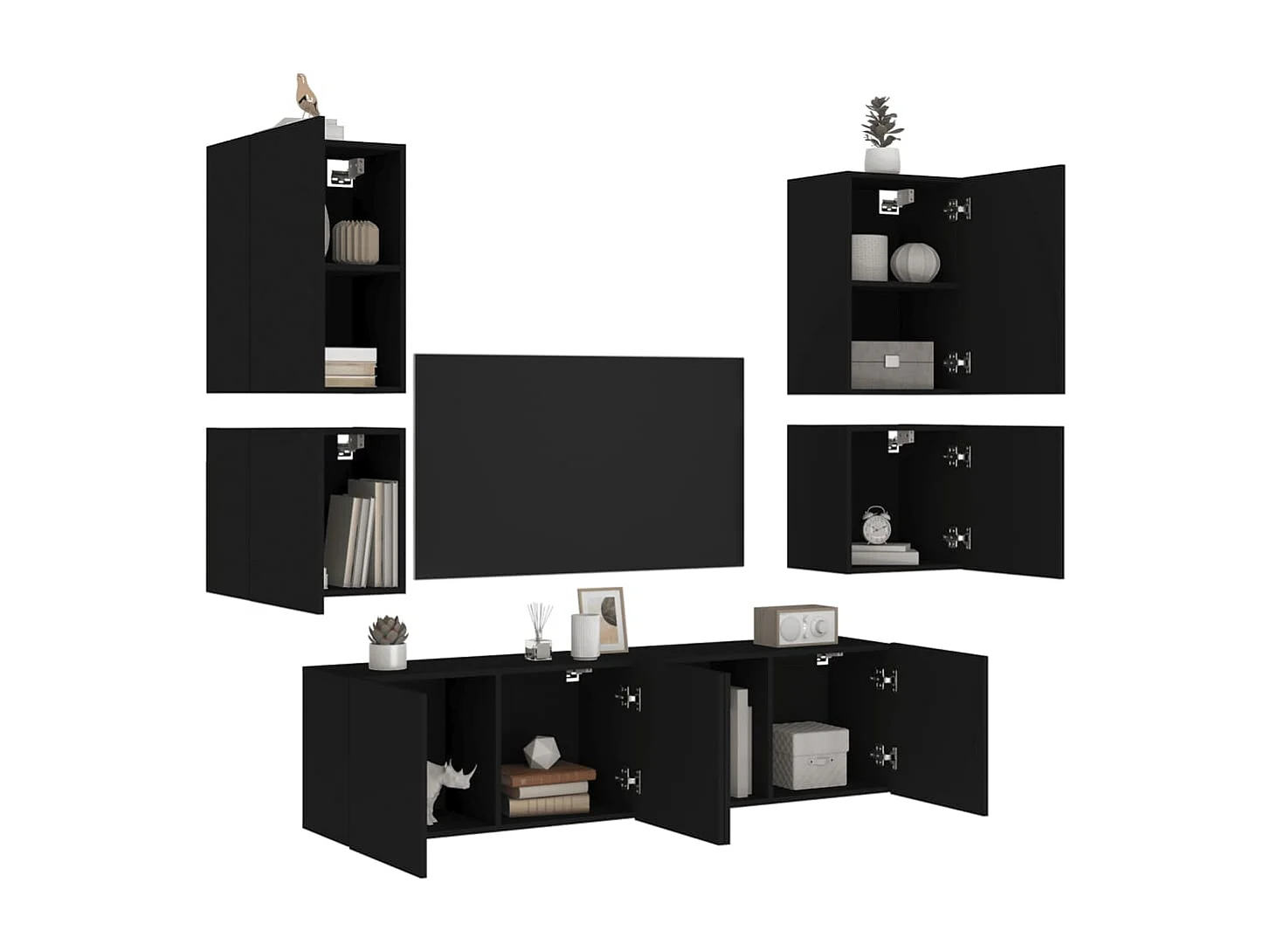 6 pcs móveis de parede p/ TV derivados de madeira preto