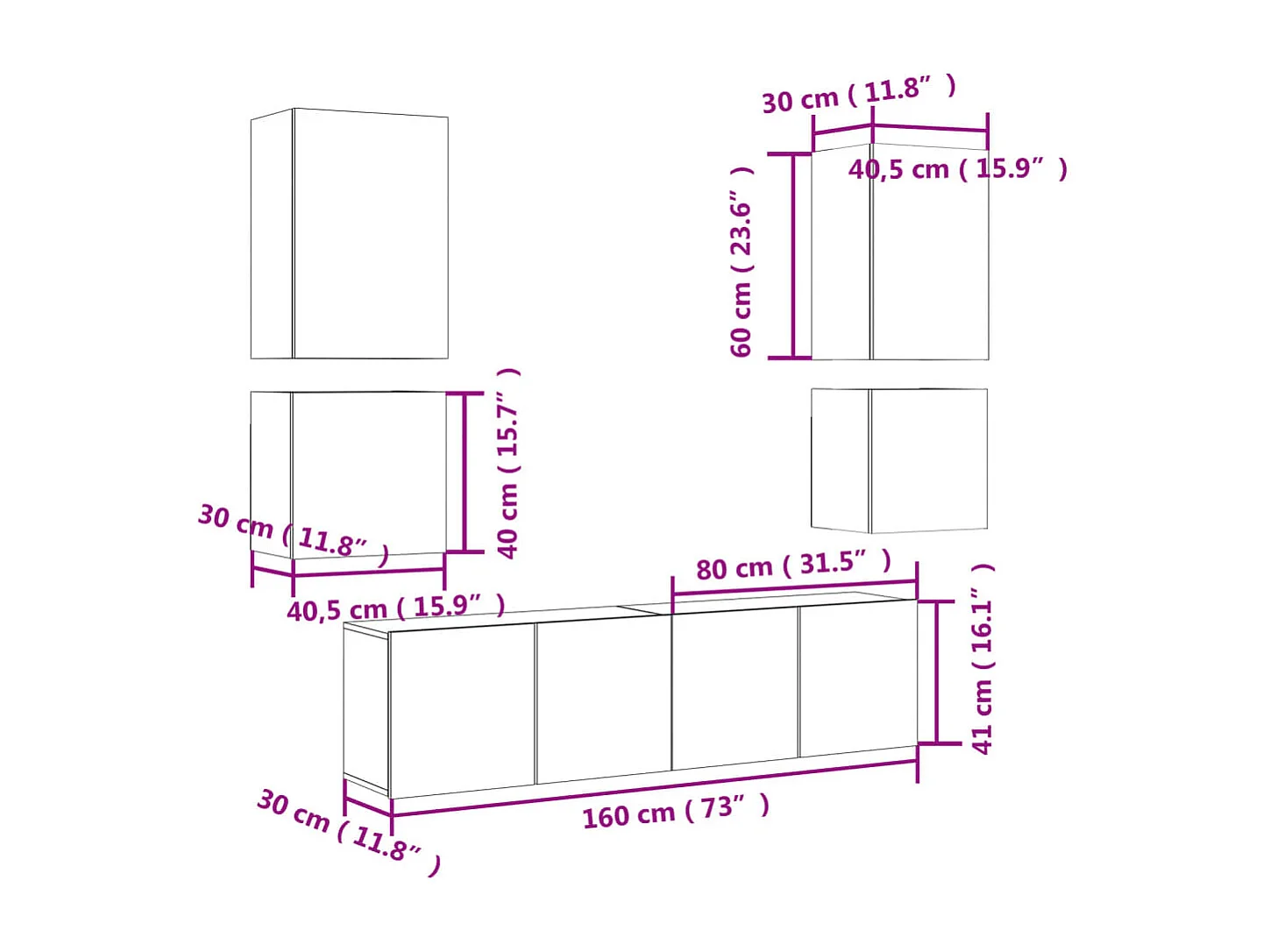 6 pcs móveis de parede p/ TV derivados de madeira preto