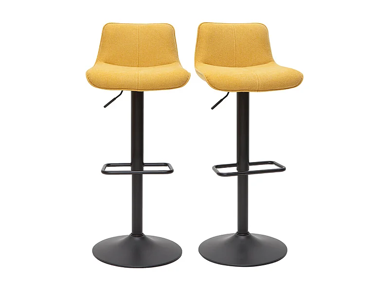 Set de 2 taburetes de cocina regulables y giratorios 360º de tejido efecto aterciopelado amarillo mostaza y metal negro BOOST