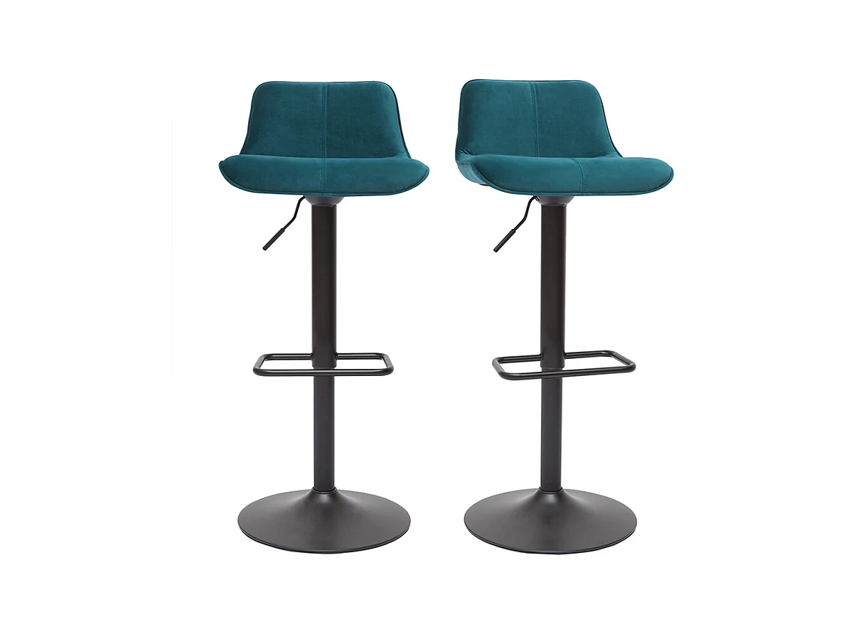 Tabourets de bar réglables pivotants 360° en tissu velours bleu pétrole et métal noir (lot de 2) BOOST