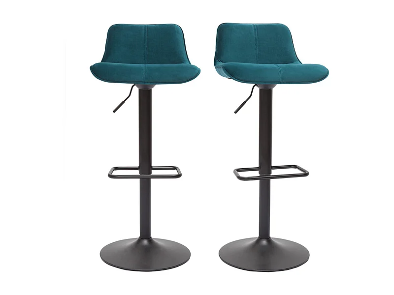Tabourets de bar réglables pivotants 360° en tissu velours bleu pétrole et métal noir (lot de 2) BOOST