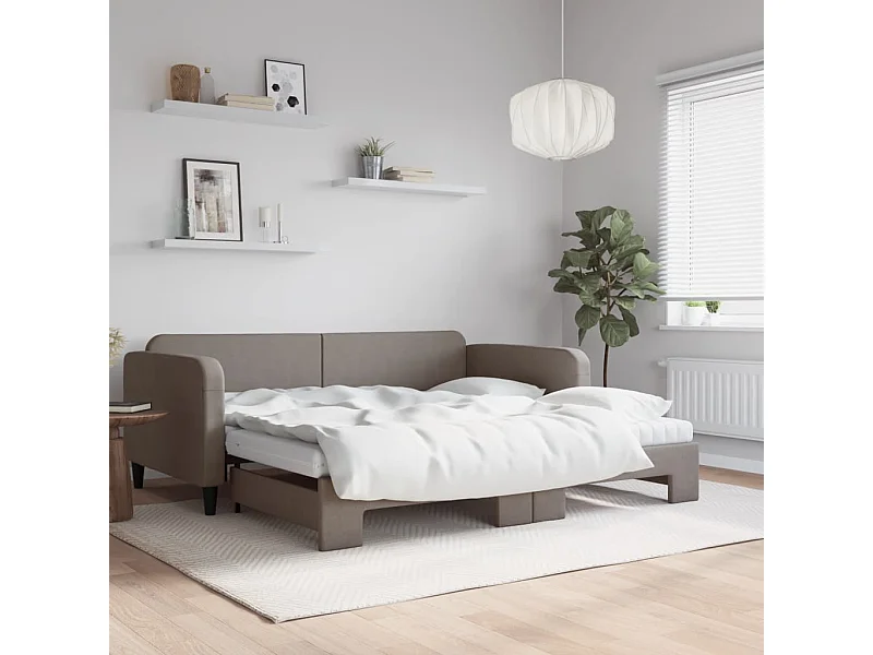 Lit de jour avec gigogne et matelas taupe 100x200 cm tissu