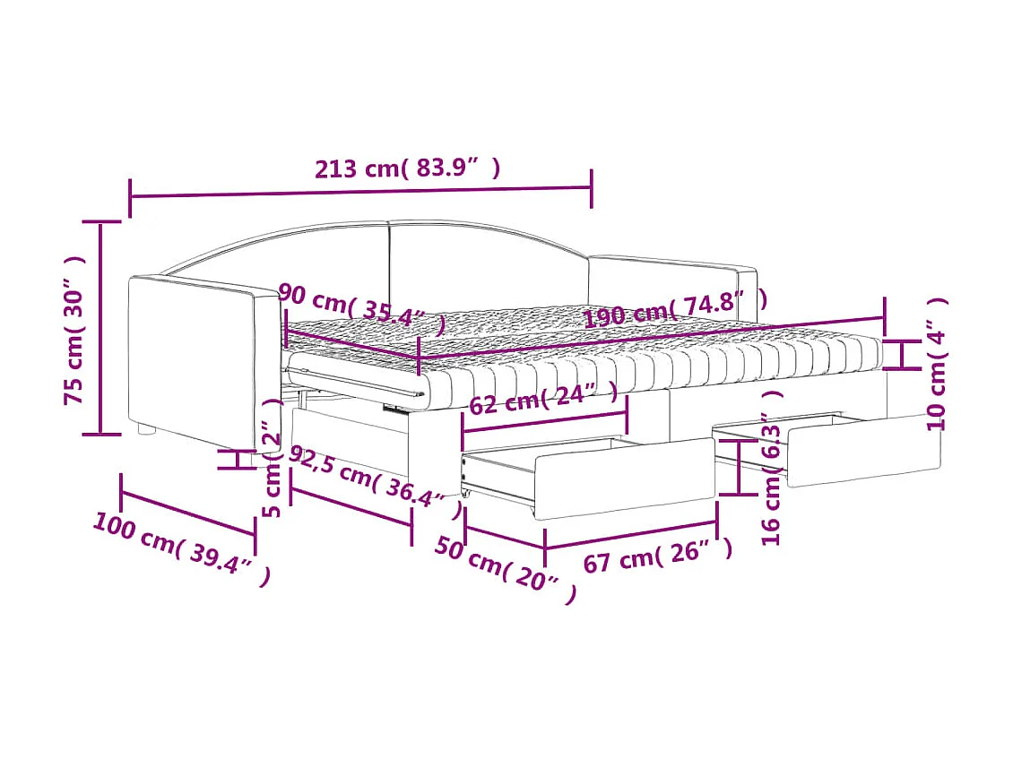Divano Letto Estraibile Cassetti Grigio Scuro 90x190cm Tessuto