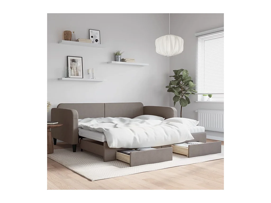 Tagesbett Ausziehbar mit Schubladen Taupe 100x200 cm Stoff