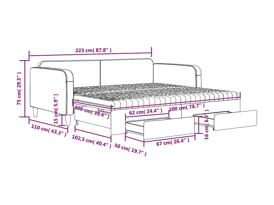 Tagesbett Ausziehbar mit Schubladen Taupe 100x200 cm Stoff