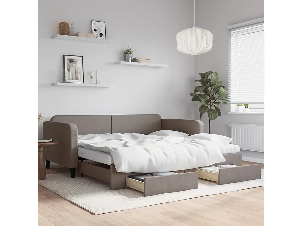 Divano Letto Estraibile con Cassetti Tortora 100x200 cm Tessuto