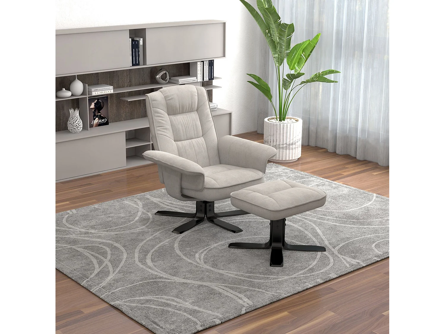 IDIMEX Fauteuil de Relaxation Charly avec Repose-Pieds pouf, siège pivotant et Dossier inclinable en velours côtelé blanc/noir