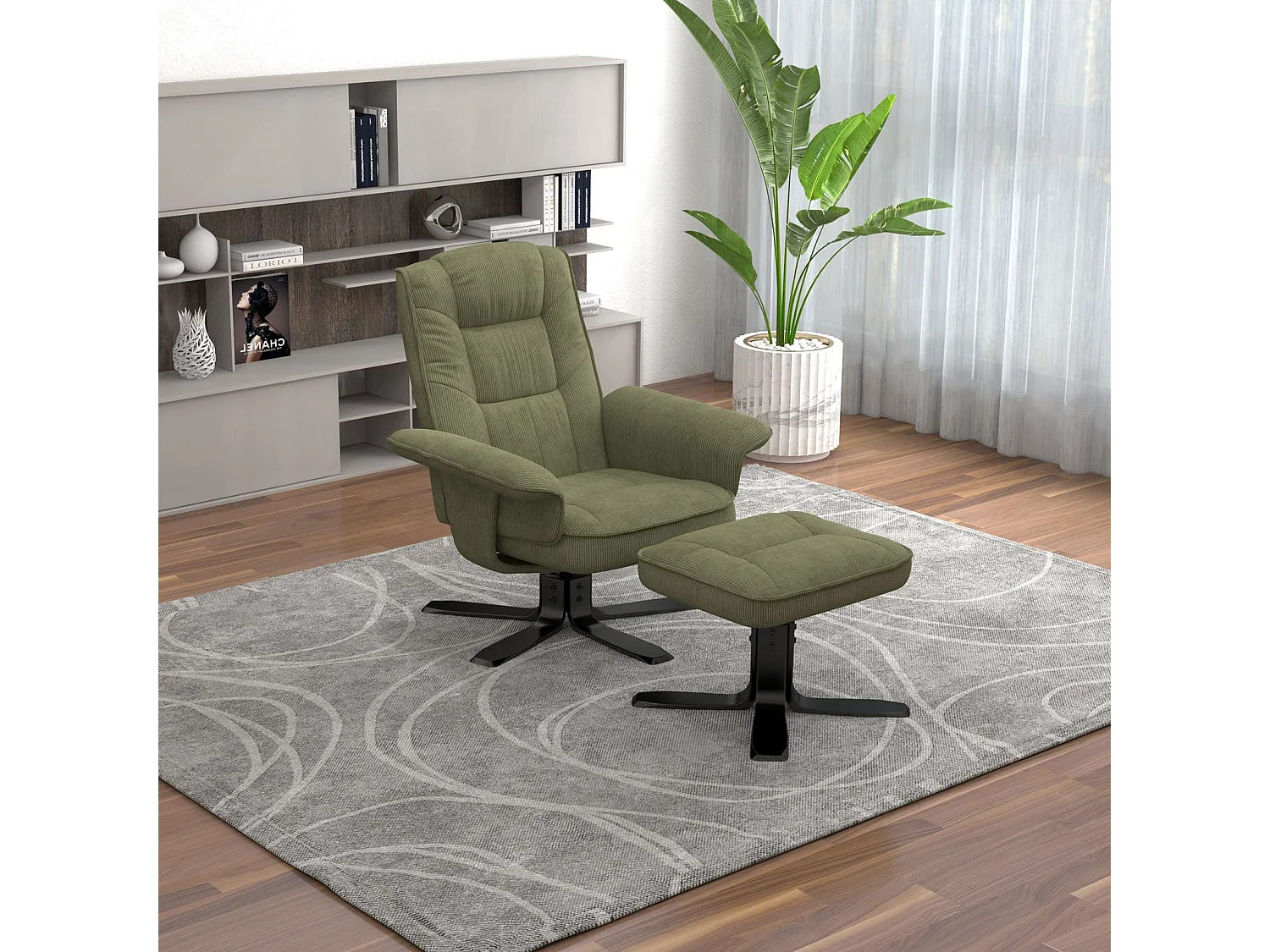 IDIMEX Fauteuil de Relaxation Charly avec Repose-Pieds pouf, siège pivotant et Dossier inclinable en velours côtelé  vert/noir