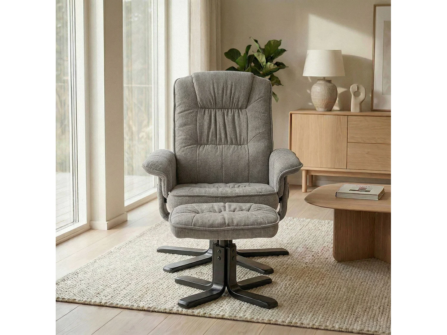 IDIMEX Fauteuil de Relaxation Charly avec Repose-Pieds pouf, siège pivotant et Dossier inclinable en tissu gris/noir