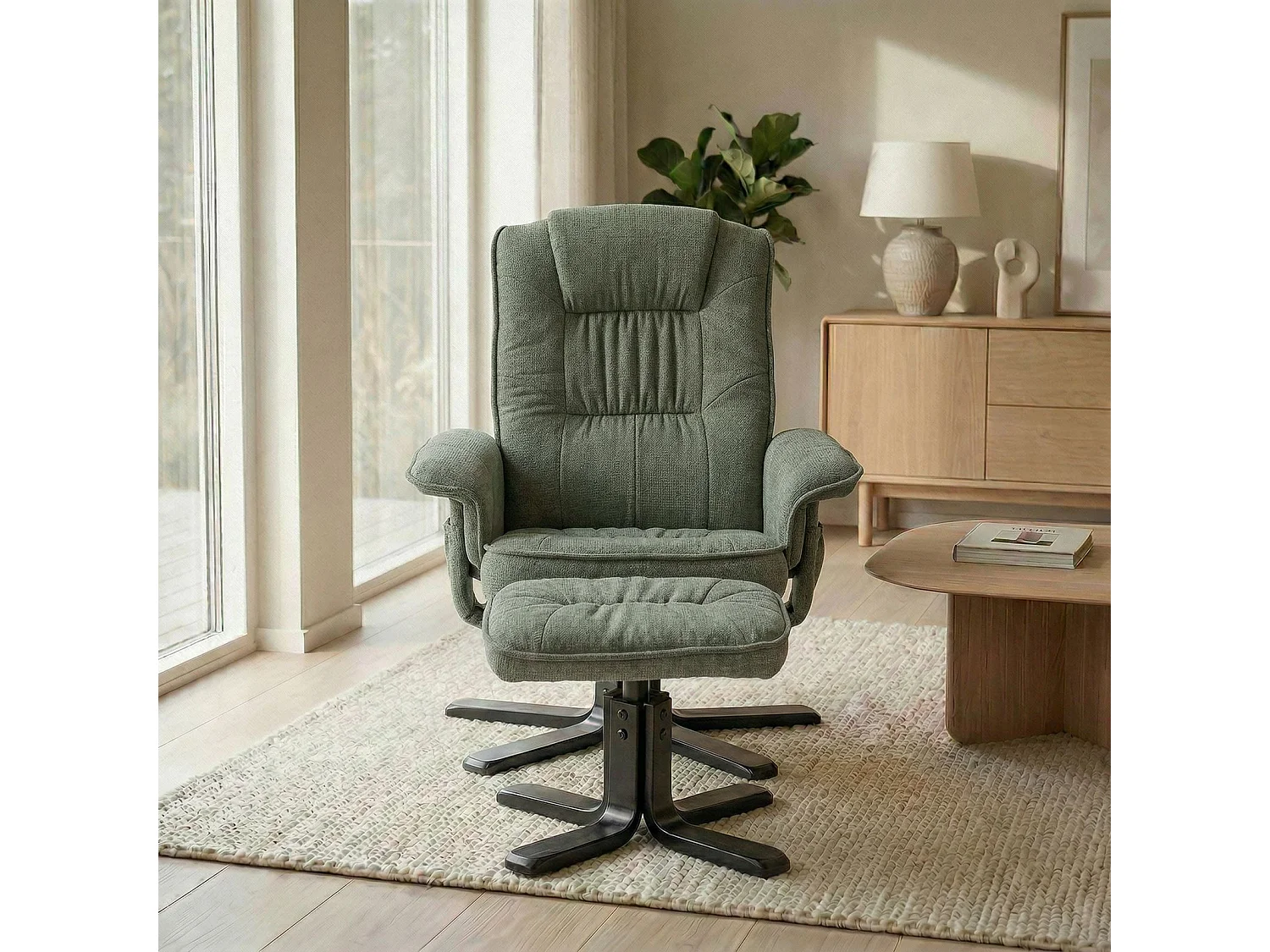 IDIMEX Fauteuil de Relaxation Charly avec Repose-Pieds pouf, siège pivotant et Dossier inclinable en tissu vert/noir