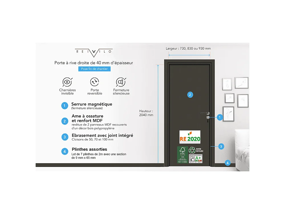 Bloc-porte pose fin de chantier collection PREMIUM Miro, H.204 x l.83 cm, aspect textile perle, réversible - Reivilo