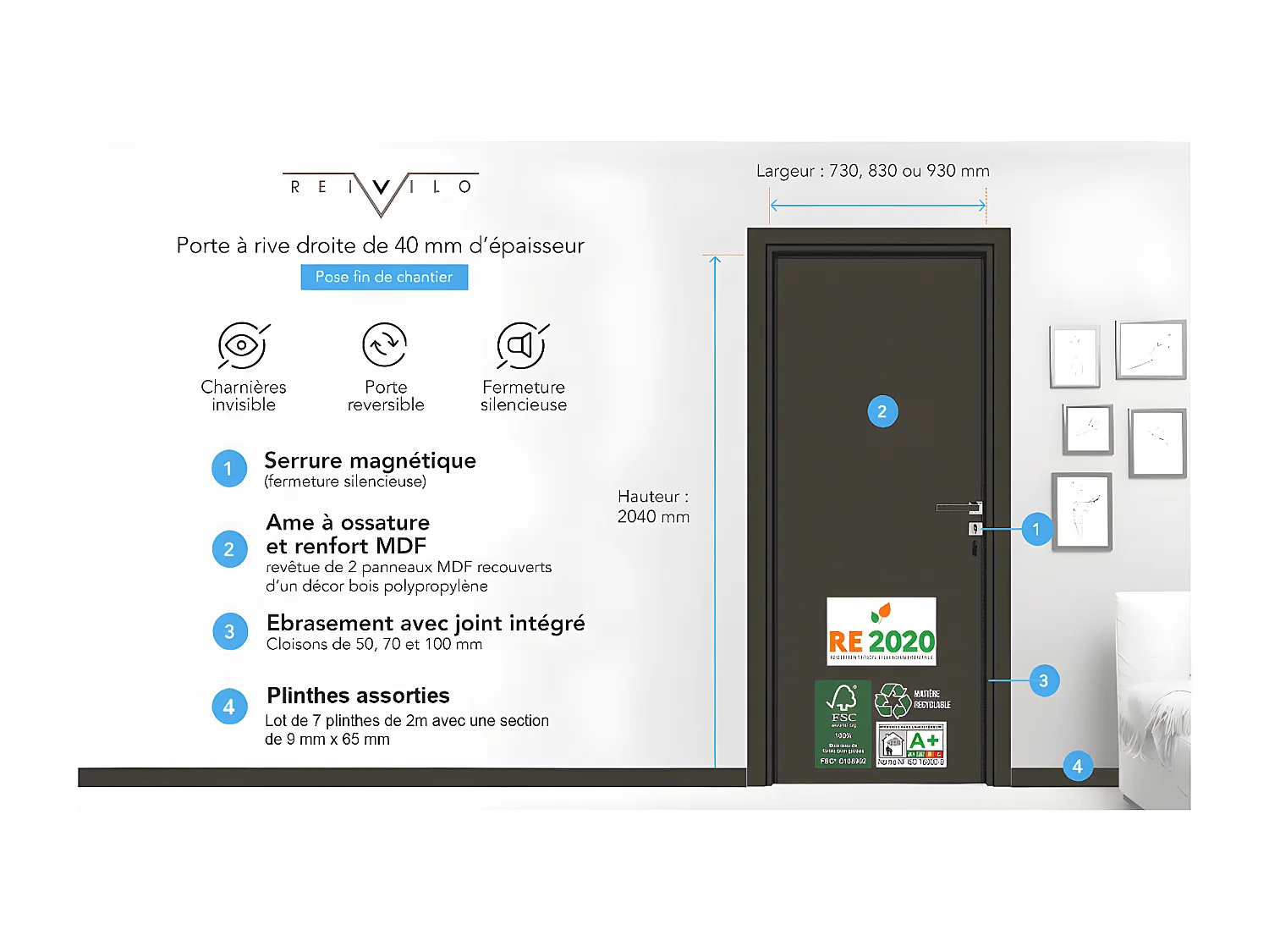 Bloc-porte pose fin de chantier collection Premium Seymour, H.204 x l.83 cm, aspect chêne cendré, réversible