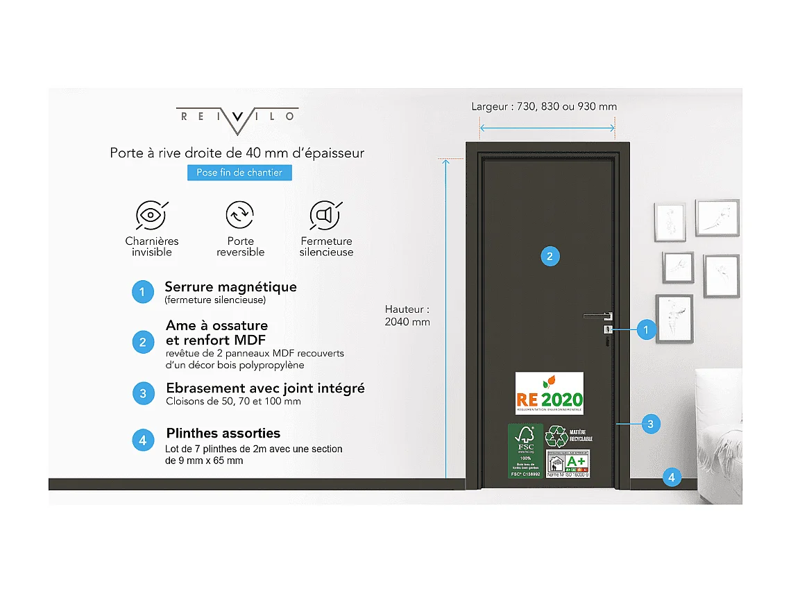 Bloc-porte pose fin de chantier collection Premium Enzo, H.204 x l.83 cm, aspect chêne cendré, réversible