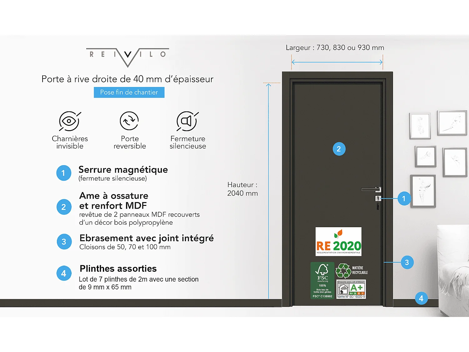 Bloc-porte pose fin de chantier Premium Liberto,  H.204 x l.93 cm, pré-peint, réversible