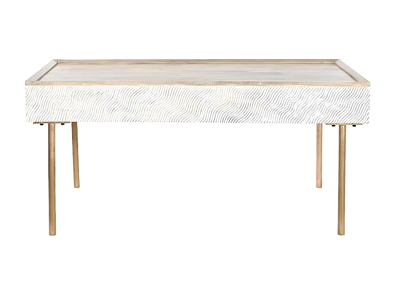 Table basse, table de salon rectangulaire en métal doré et bois de manguier marron  - longueur 120 x profondeur 60 x Hauteur 57 cm