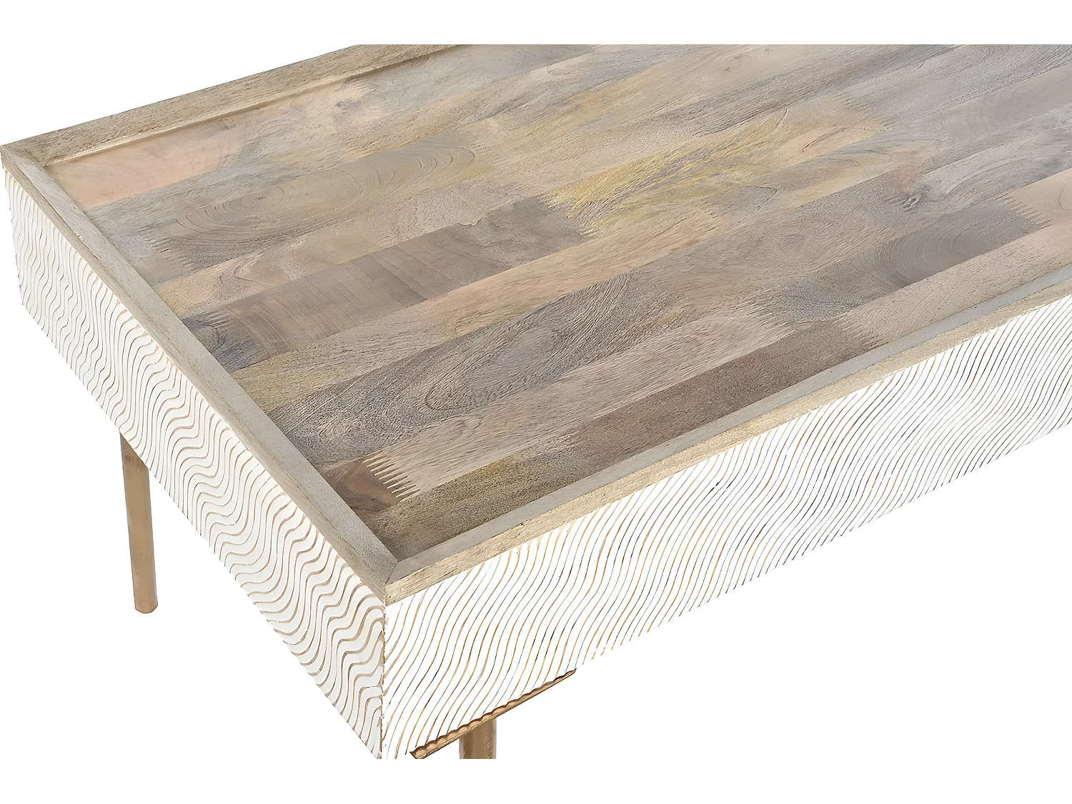 Table basse, table de salon rectangulaire en métal doré et bois de manguier marron  - longueur 120 x profondeur 60 x Hauteur 57 cm