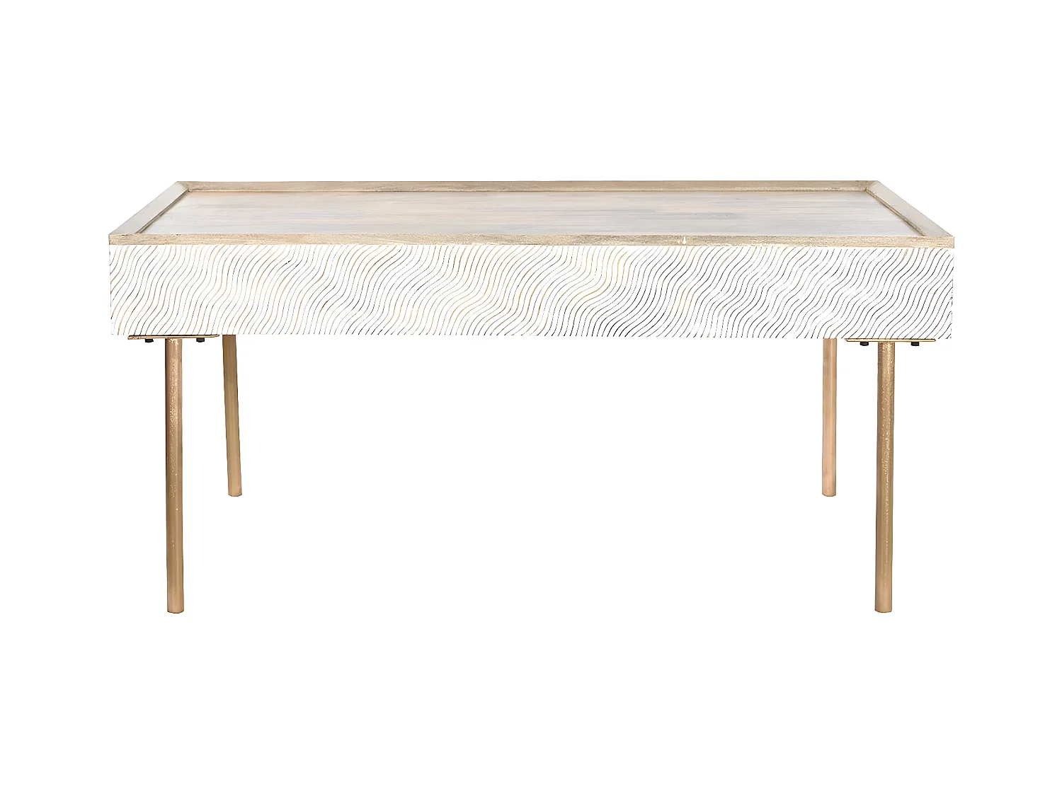 Table basse, table de salon rectangulaire en métal doré et bois de manguier marron  - longueur 120 x profondeur 60 x Hauteur 57 cm