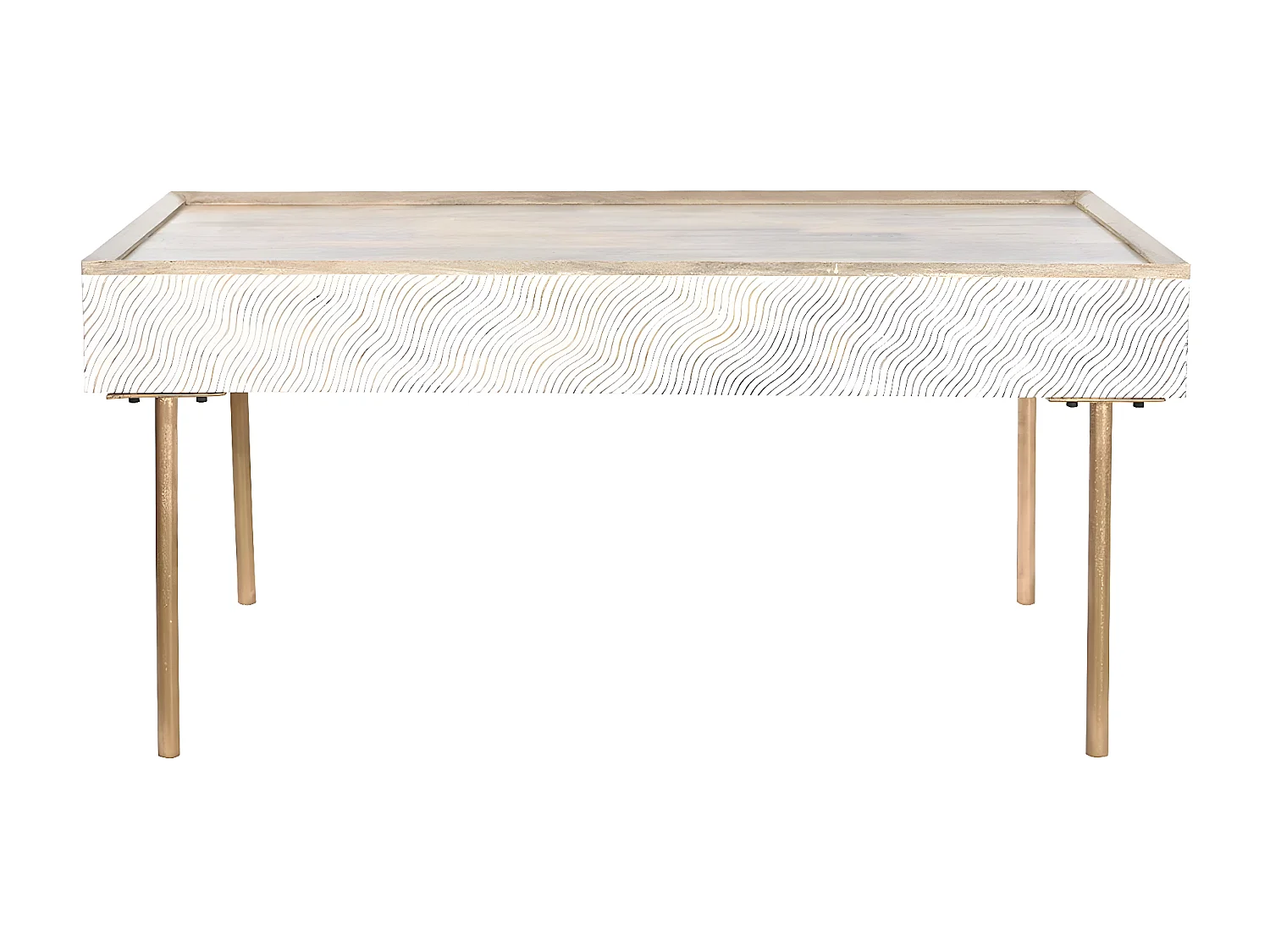 Table basse, table de salon rectangulaire en métal doré et bois de manguier marron  - longueur 120 x profondeur 60 x Hauteur 57 cm