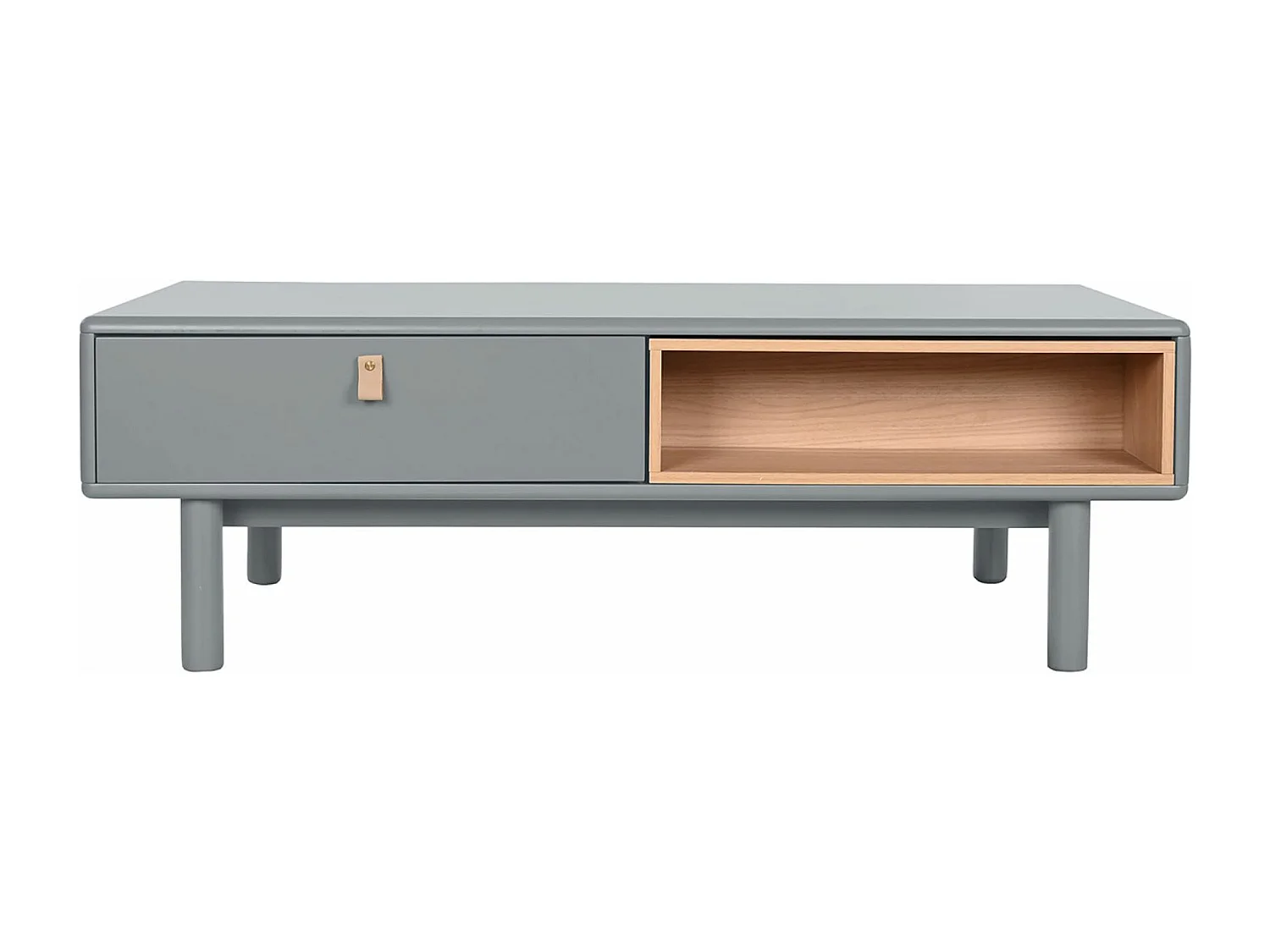 Table basse, table de salon rectangulaire avec 2 tiroirs en bois naturel et PU gris - longueur 120 x profondeur 60 x Hauteur 40 cm