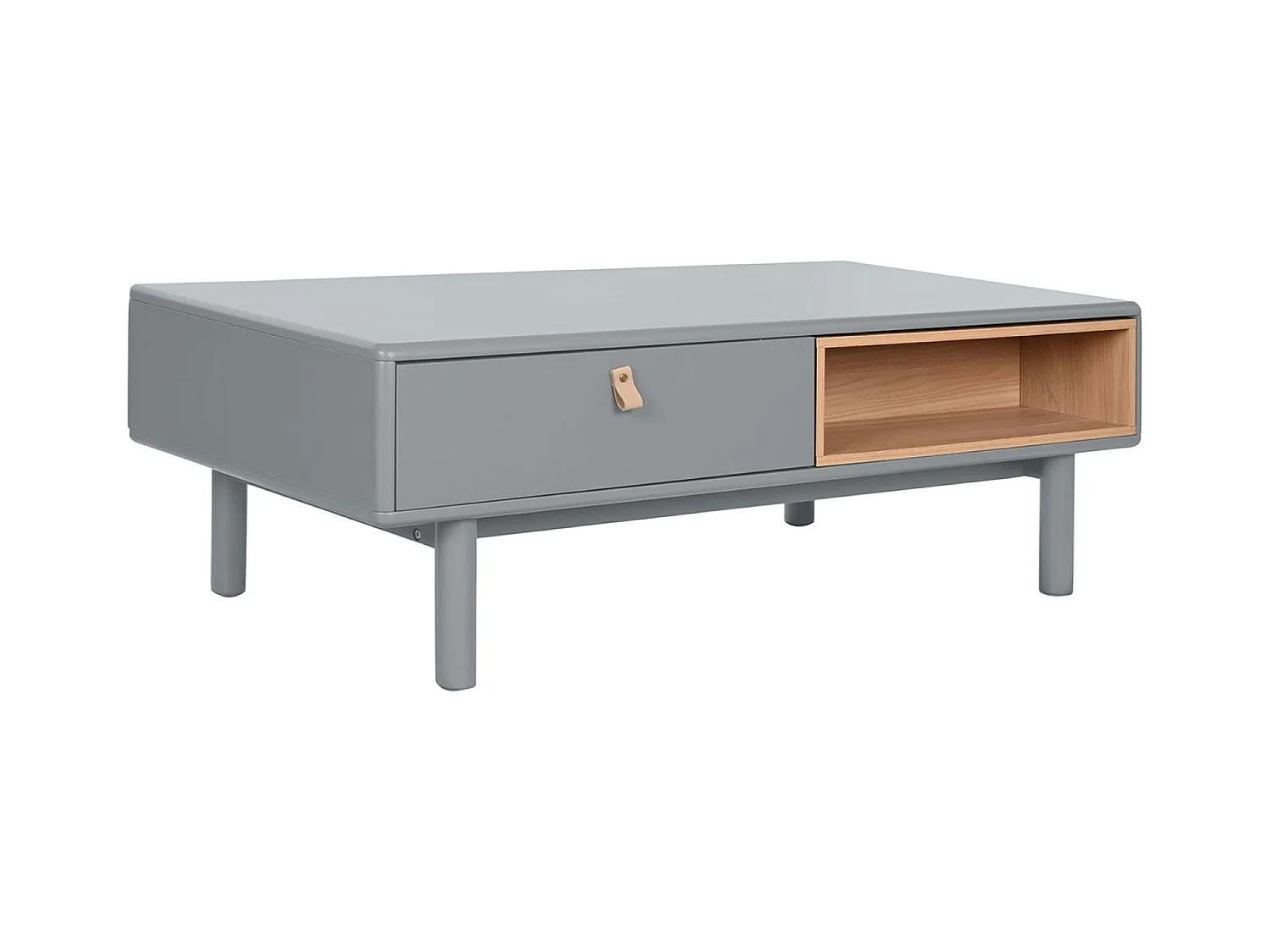Table basse, table de salon rectangulaire avec 2 tiroirs en bois naturel et PU gris - longueur 120 x profondeur 60 x Hauteur 40 cm