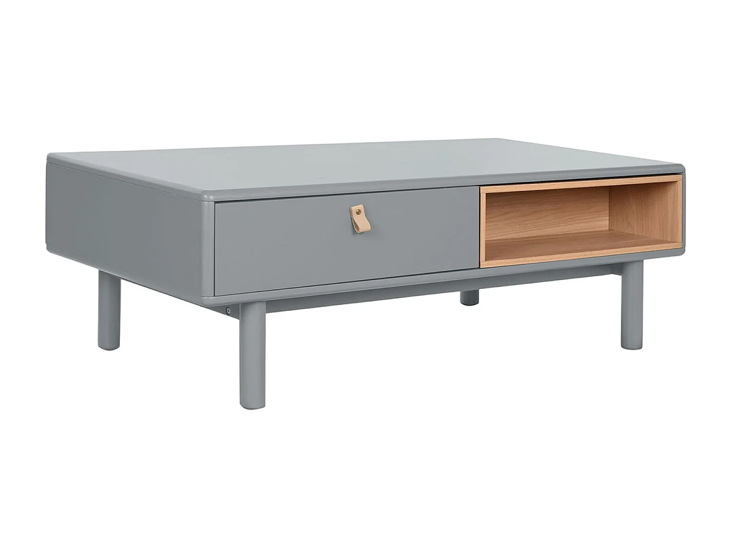 Table basse, table de salon rectangulaire avec 2 tiroirs en bois naturel et PU gris - longueur 120 x profondeur 60 x Hauteur 40 cm