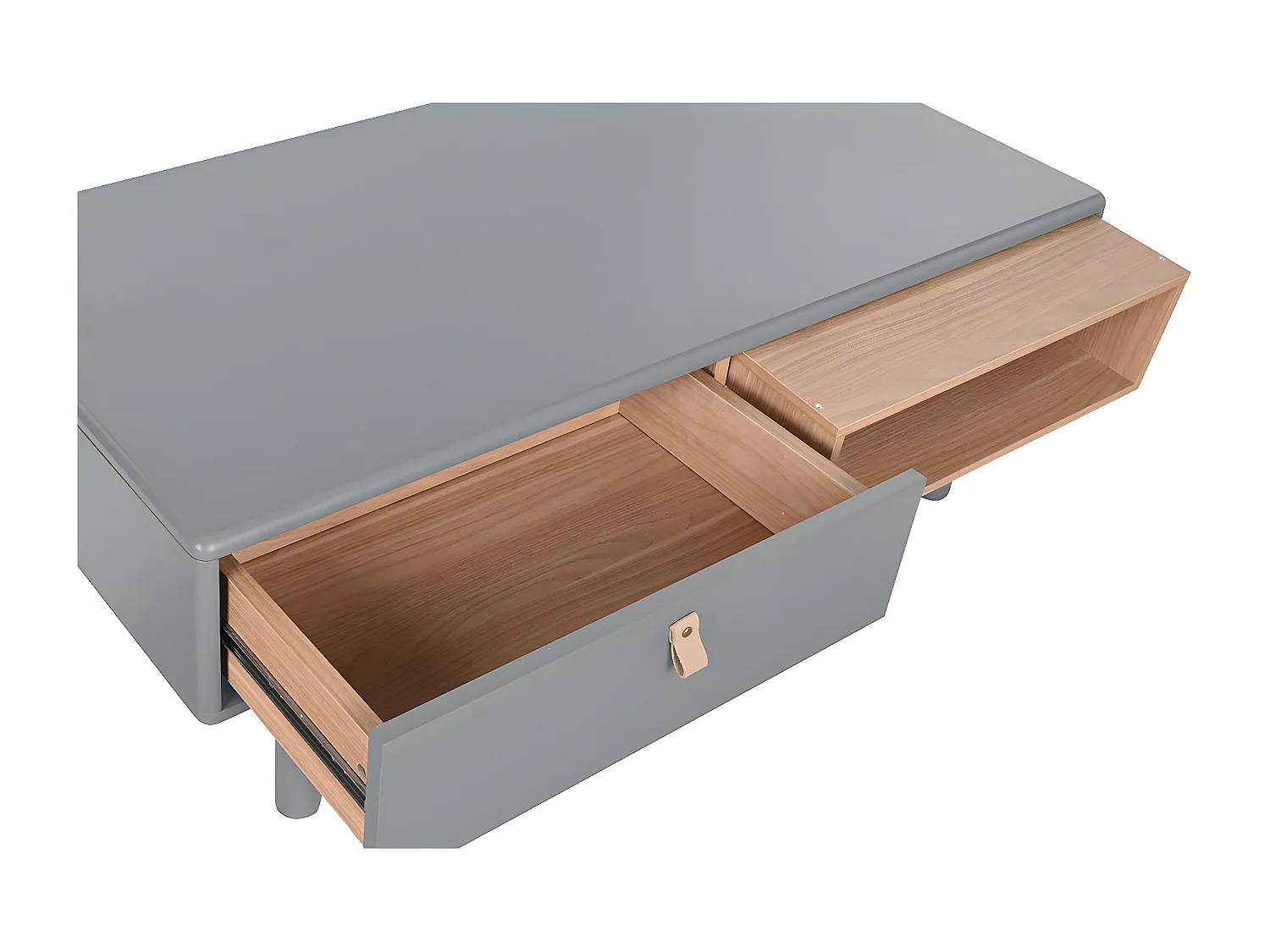 Table basse, table de salon rectangulaire avec 2 tiroirs en bois naturel et PU gris - longueur 120 x profondeur 60 x Hauteur 40 cm