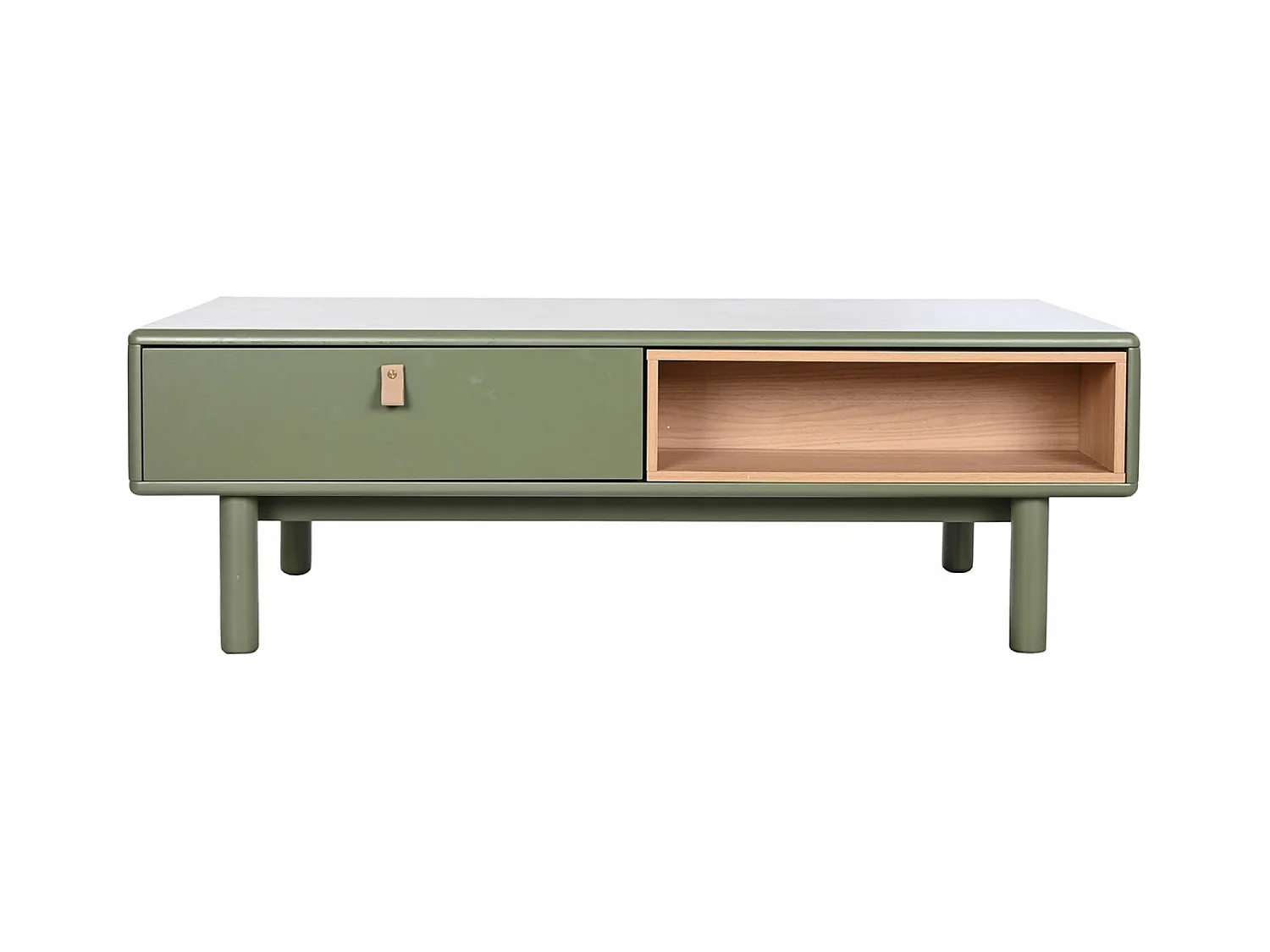 Table basse, table de salon rectangulaire avec 2 tiroirs en bois naturel et PU vert - longueur 120 x profondeur 60 x Hauteur 40 cm
