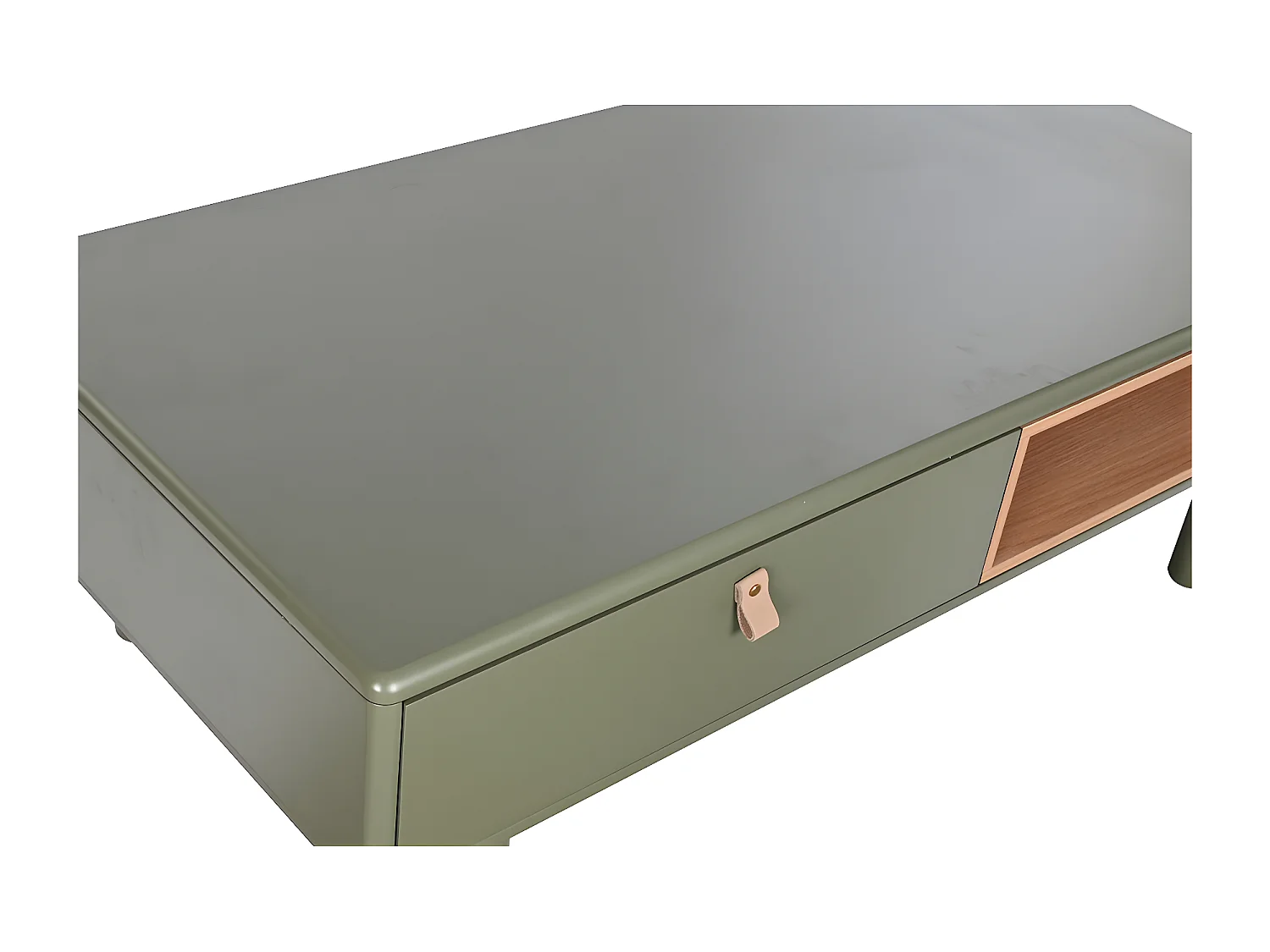 Table basse, table de salon rectangulaire avec 2 tiroirs en bois naturel et PU vert - longueur 120 x profondeur 60 x Hauteur 40 cm