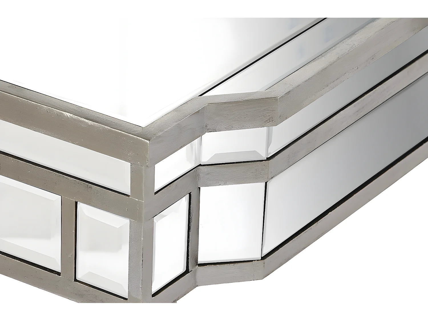 Table basse, table de salon rectangulaire en MDF coloris argenté avec miroir - longueur 108 x profondeur 61 x Hauteur 44 cm