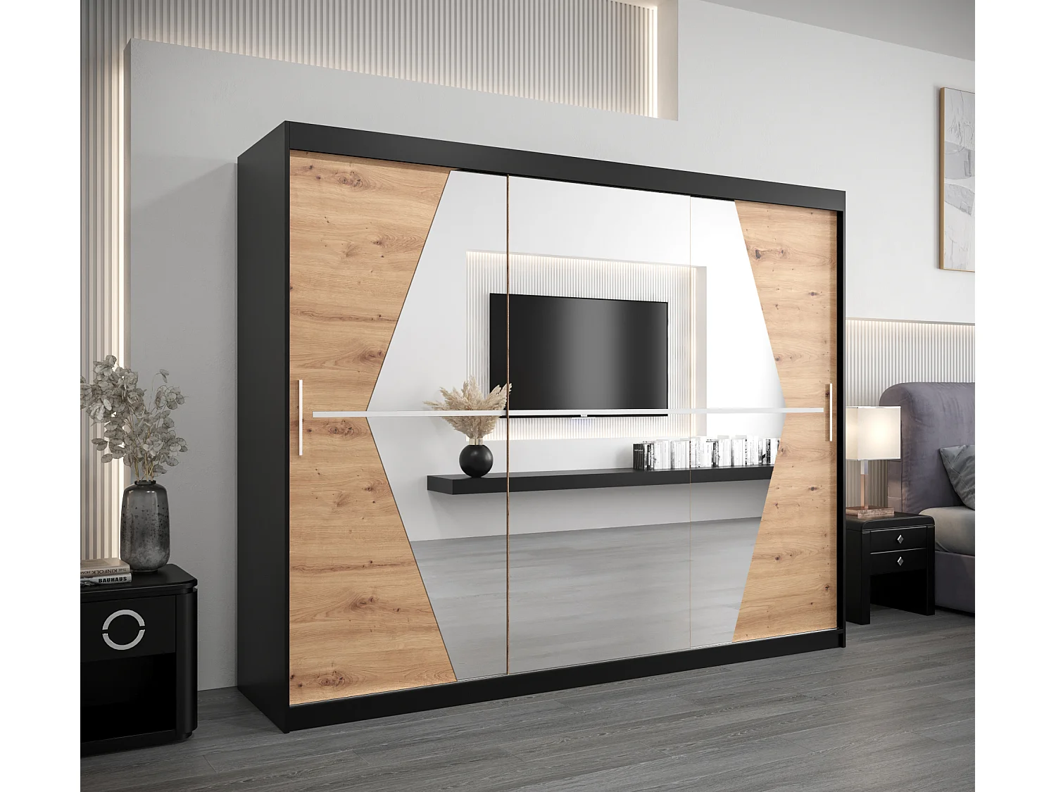 Armadio Boliwia ad ante scorrevoli 200/250/62 3 porte (nero/artisan)