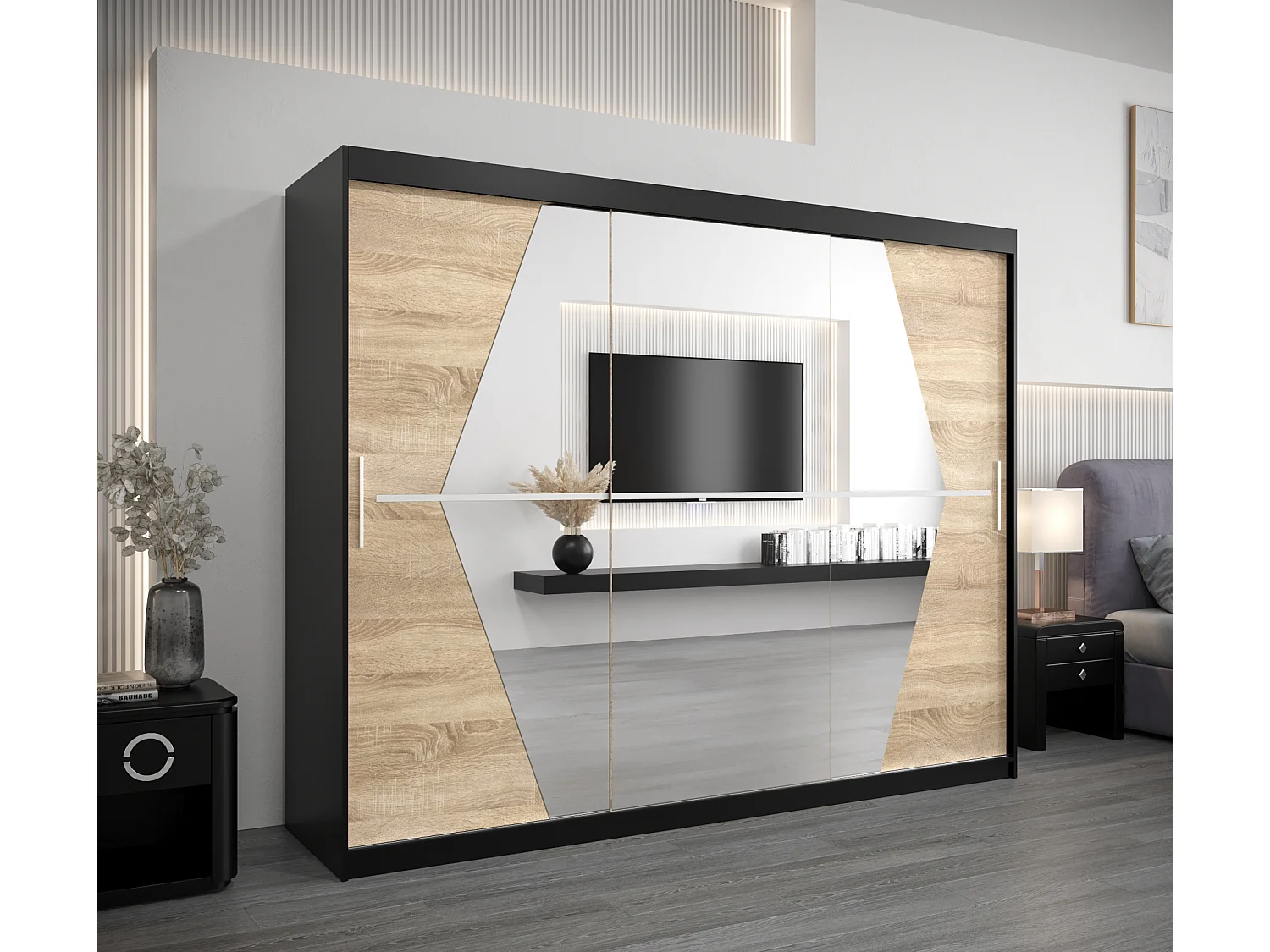 Boliwia kledingkast met schuifdeuren 200/250/62 3 deuren (zwart/sonoma)